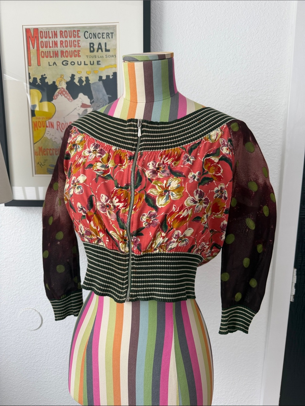 *FLAWS* Vintage JPG Jean Paul Gaultier FEMME Mixed Print Striped Trim Top Floral - Picture 2 of 9